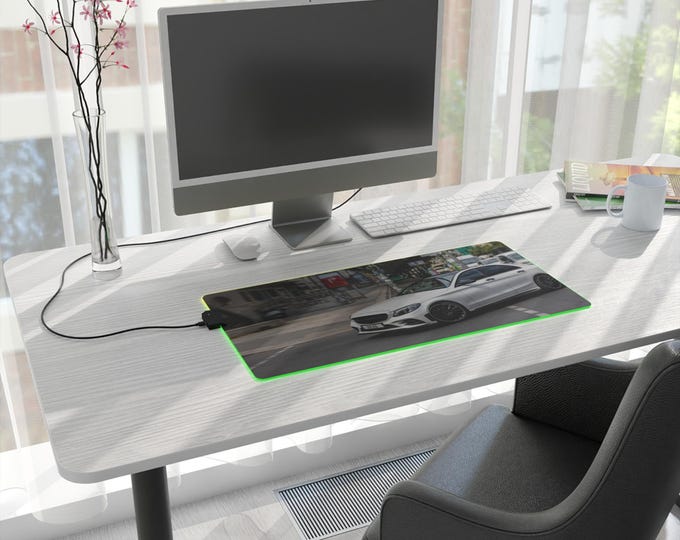 White Mercedes Car LED Gaming Mouse Pad | RGB Desk Mat, Racing Mousepad