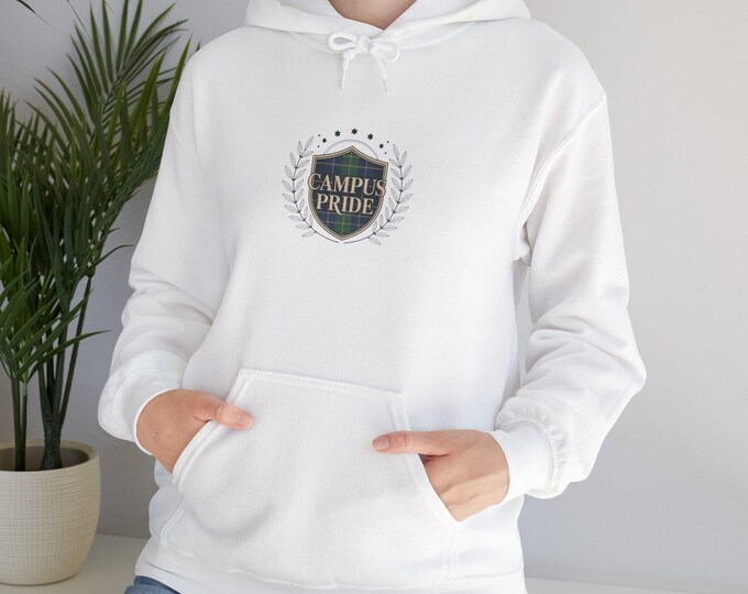 Academic Crest Hoodie | plaid preppy pattern, collegiate serif emblem