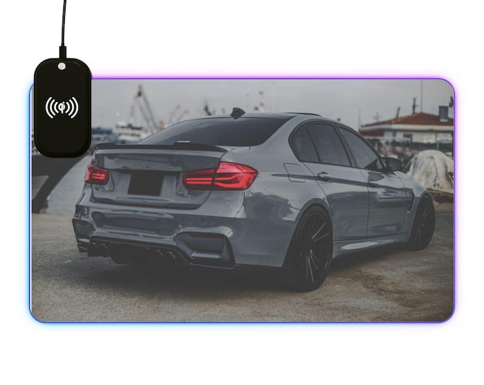 Grey Sports Car Photo LED Gaming Mouse Pad Wireless Charging