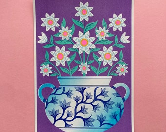 Chamber Pot Vase with Flowers  A4 Risograph Print