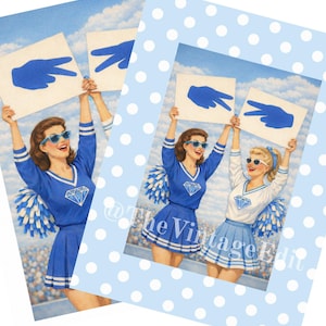 May include: Vintage-style print featuring two cheerleaders in blue uniforms with pom-poms, holding signs with hand gestures. The background shows a stadium and a blue sky. The print is framed with a light blue polka dot border.