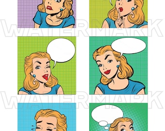Pop Art COMIC VINTAGE WOMEN Retro Comics Cartoon Conversation Clouds 3 inch square digital graphics download