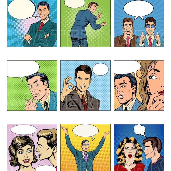 Pop Art COMIC VINTAGE Men WOMEN Retro Comics Cartoon Conversation Clouds 2.5 inch square digital graphics download