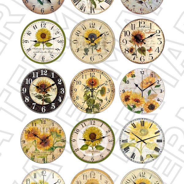 VINTAGE CLOCKS Sunflower FLORAL clocks Digital Graphics Download Digital Collage Download 1 inch circles floral clocks flowers clocks