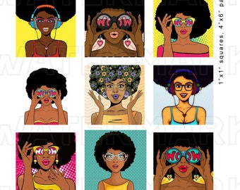 AFRICAN AMERICAN WOMAN Pop Art Comic Vintage Women Retro Comics Cartoon Conversation Clouds one inch square digital graphics download