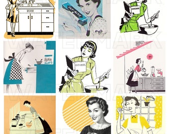 CASALINGA RETRO VINTAGE Nero Bianco 2,5 pollici quadrati 2,5 pollici 1940 1950 2,5 pollici quadrati donne moda grafica digitale