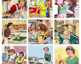 CASALINGA RETRO VINTAGE anni '40 e '50 donne moda cucina lavori domestici pulizie grafica digitale download