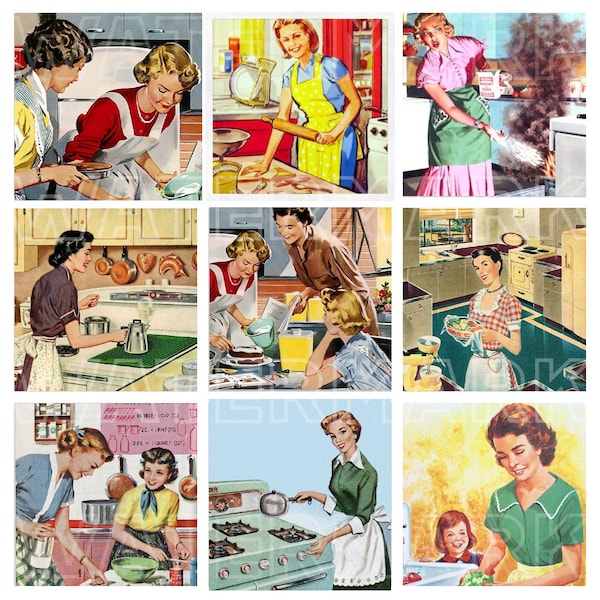 HOUSEWIFE RETRO VINTAGE 1940s 1950s women fashion kitchen housework chores cleaning digital graphics download