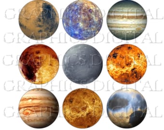 PLANETS Astronomy Jupiter Mars Moon Venus Sun Digital Graphics Lunar Astronomy Space Universe Download Digital Collage Sheet 1 inch circles