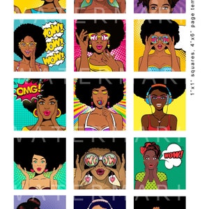 MUJER AFROAMERICANA Pop Art Comic Vintage Mujeres Retro Comics Dibujos animados Conversación Nubes una pulgada cuadrada gráficos digitales descarga