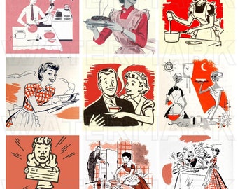 CASALINGA RETRO VINTAGE Nero Bianco 2,5 pollici quadrati 2,5 pollici 1940 1950 2,5 pollici quadrati donne moda grafica digitale