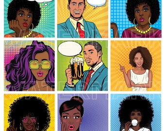 AFRICAN AMERICAN MAN men Pop Art Comic Vintage Women Retro Comics Cartoon Conversation Clouds 2.5 inch square digital graphics download