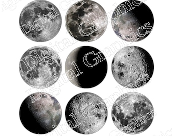 Maan Digitale afbeeldingen Lunar Astronomie Ruimte Universum Maan Download digitaal collageblad Instant Download 1 inch cirkels op 4 x 6 vel
