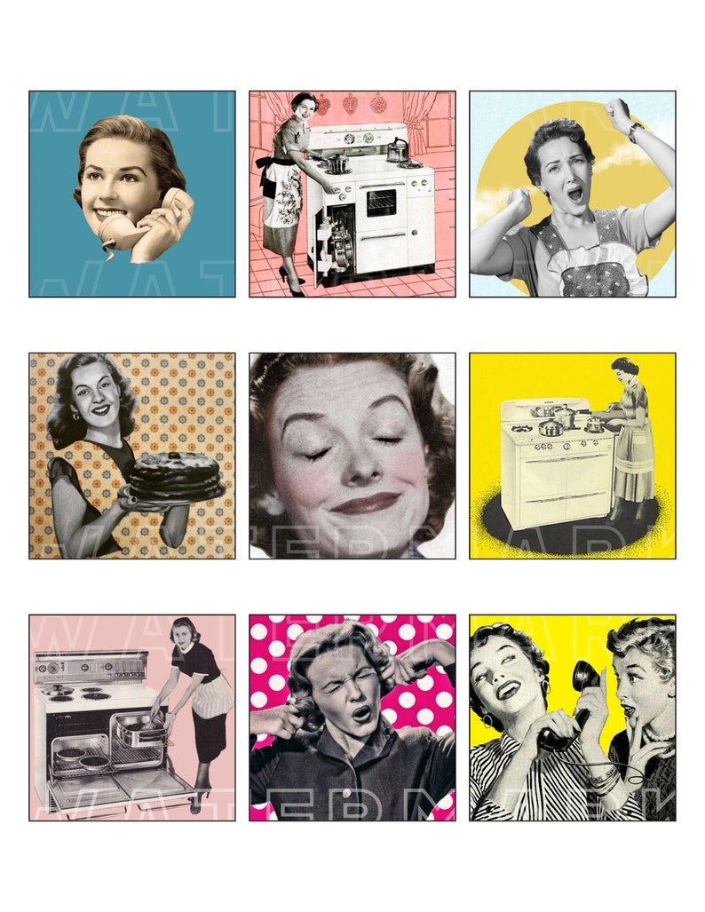 May include: Nine vintage style images of women in various situations, including talking on the phone, baking a cake, and cooking on a stove. The images are in black and white and have a retro feel.