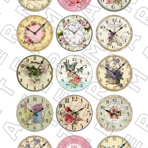 VINTAGE CLOCKS FLORAL clocks Digital Graphics Download Digital Collage Download 1 inch circles on 4 x 6 sheet floral clocks flowers clocks
