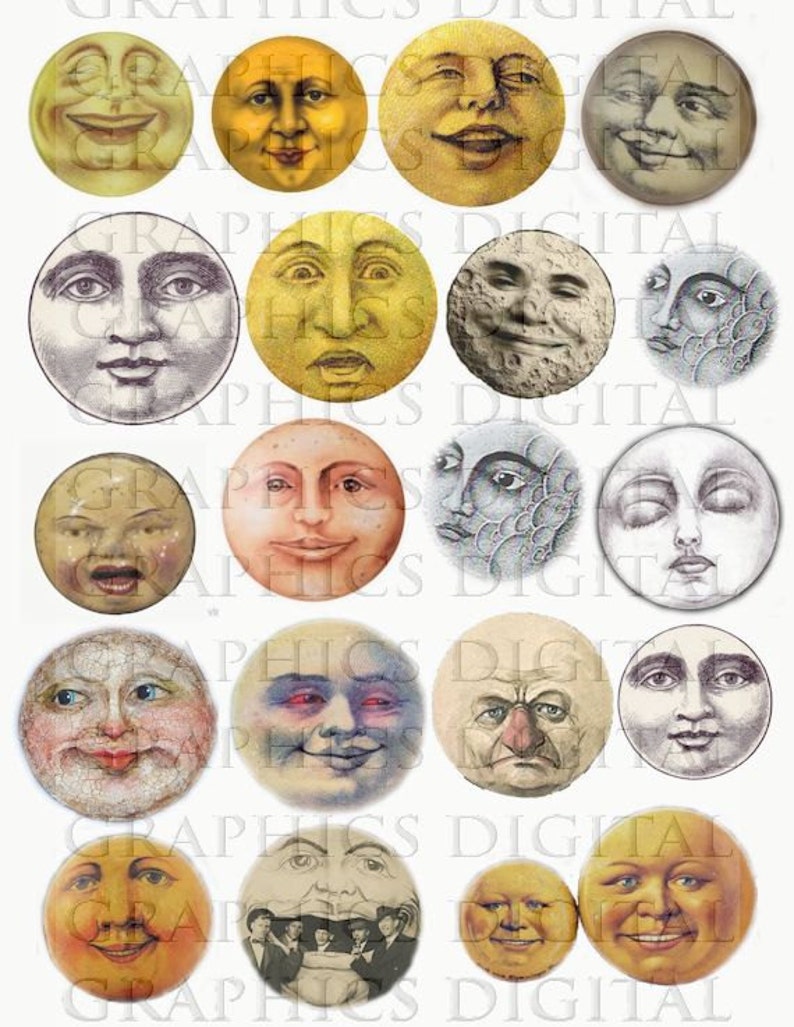 MOONS lunar full moon vintage moon Digital Graphics Lunar Astronomy Space Download Digital Collage Sheet circles image 1