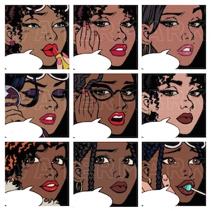 DONNA AFROAMERICANA Pop Art Fumetto Vintage Donne Retro Fumetti Cartone animato Conversazione Nuvole 2,5 pollici quadrati grafica digitale da scaricare