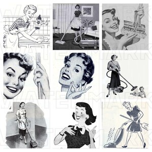 HOUSEWIFE RETRO VINTAGE Schwarz Weiß 2,5-Zoll-Quadrat 2,5 in 1940er Jahre 1950er Jahre 2,5-Zoll-Quadrate Frauenmode digitale Grafik