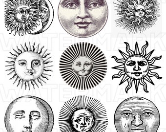 Antique Vintage SUNS and MOONS Graphics Clipart Images Suns Moons Sunshine Celestial Astronomy Digital Download