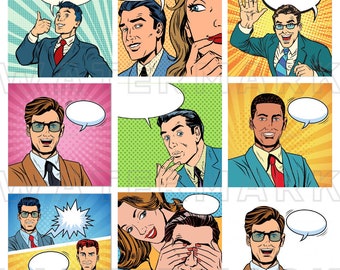 Pop Art COMIC MEN Retro Comics Cartoon Conversation Clouds 2.5 inch square digital graphics download