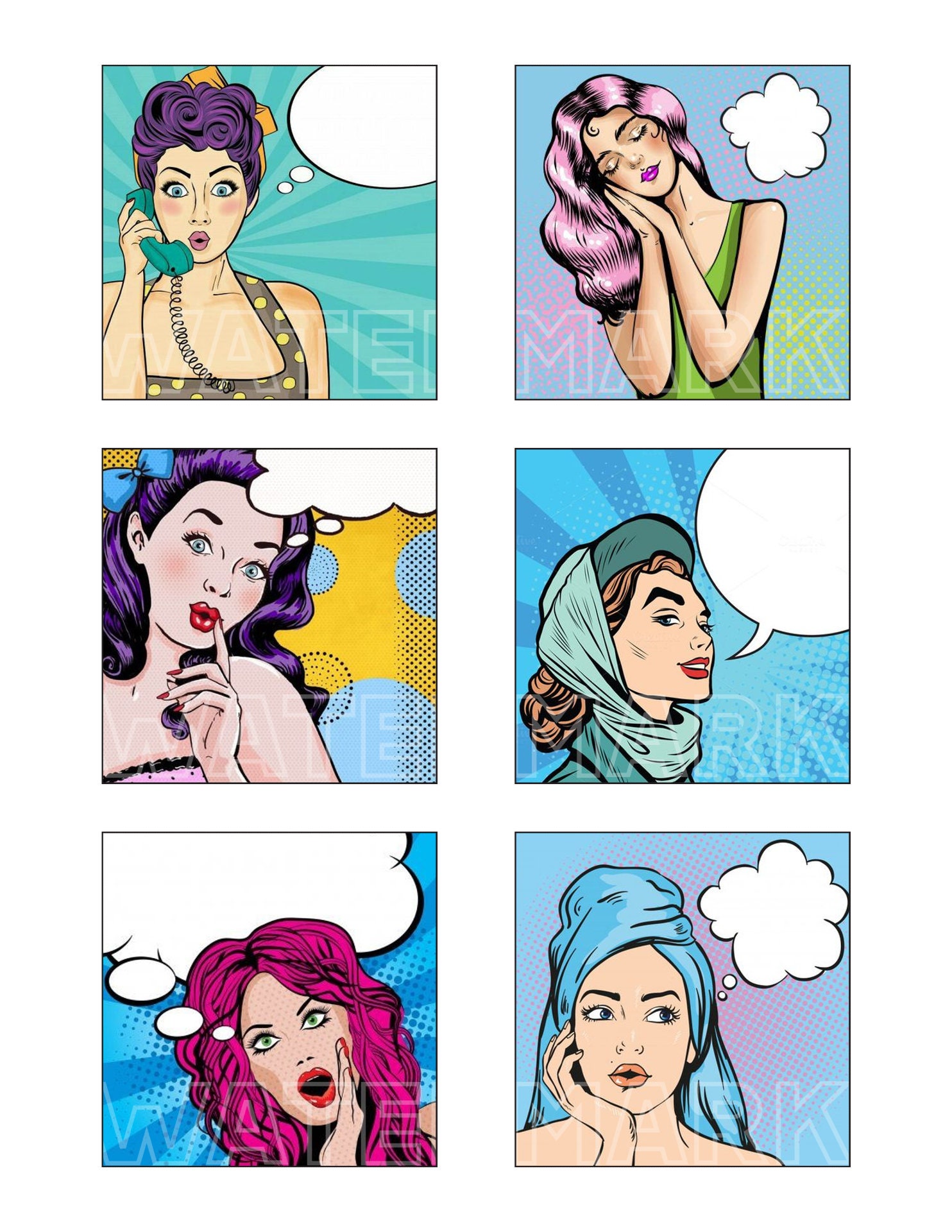 Pop Art COMIC VINTAGE WOMEN Retro Comics Cartoon Conversation Clouds 2. ...