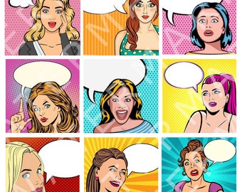 Pop Art COMIC VINTAGE WOMEN Retro Comics Cartoon Conversation Clouds 2.5 inch square digital graphics download