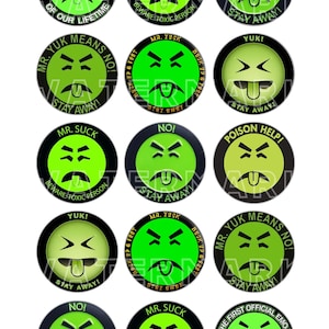 May include: A collection of round, green and black stickers featuring a distressed emoji face with a tongue sticking out. Text includes "Mr. Suck", "No!", "Yuk!", "Poison Help!", and "The First Official Emoji of Our Lifetime".