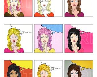 Pop Art KOMIKS VINTAGE KOBIETY Retro Komiksy Cartoon Rozmowy Chmury 2,5 cala kwadratowa grafika cyfrowa do pobrania
