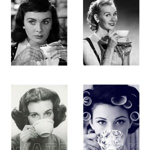 May include: A collection of four black and white vintage photographs. Each image features a woman holding a teacup, with various hairstyles and expressions. The images evoke a retro aesthetic, reminiscent of mid-20th-century portraiture.