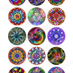 Colorful Mandala Fractal Digital Graphics Colorful Designs Download Digital Collage Sheet Instant Download 1 inch circles on 4 x 6 sheet