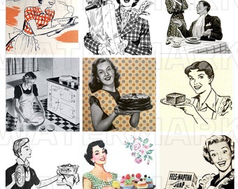 CASALINGA RETRO VINTAGE Nero Bianco 2,5 pollici quadrati 2,5 pollici 1940 1950 2,5 pollici quadrati donne moda grafica digitale