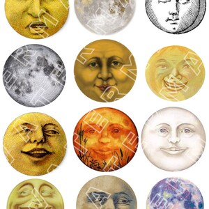 Op de afbeelding: Twaalf verschillende illustraties van de maan met verschillende gezichtsuitdrukkingen. De maan gezichten zijn getekend in een vintage stijl met verschillende kleuren en texturen.