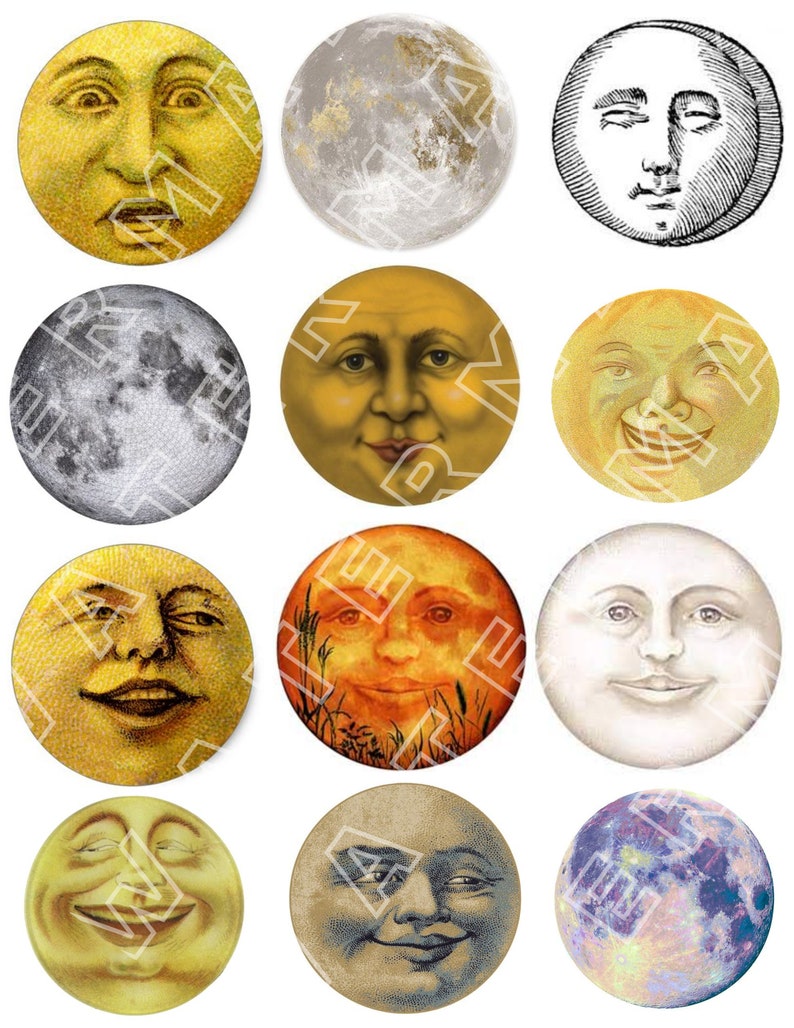 Op de afbeelding: Twaalf verschillende illustraties van de maan met verschillende gezichtsuitdrukkingen. De maan gezichten zijn getekend in een vintage stijl met verschillende kleuren en texturen.