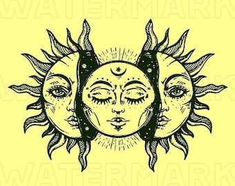 SŁOŃCE i KSIĘŻYC Grafiki Clipart Obrazy Słońca Księżyce Słońce Astronomia Niebiańska Cyfrowe Pobieranie SVG