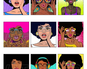 AFRICAN AMERICAN WOMAN Pop Art Comic Vintage Women Retro Comics Cartoon Conversation Clouds 2.5 inch square digital graphics download