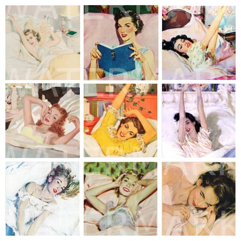 K&ouml;nnte beinhalten: Eine Collage aus neun Bildern, die Frauen in verschiedenen Posen im Bett zeigen. Die Frauen tragen Nachthemden und befinden sich in verschiedenen Stadien des Aufwachens oder der Vorbereitung auf den Tag. Einige lesen, w&auml;hrend andere sich strecken oder telefonieren.