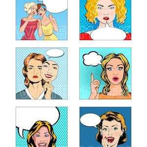 Pop Art COMIC VINTAGE WOMEN Retro Comics Cartoon Conversation Clouds 2.5 inch square digital graphics download