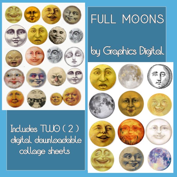 MOONS LUNAR Luna Lune Mond full moon vintage moon Digital Graphics Lunar Astronomy Space Download Digital Collage Sheet circles