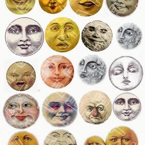 Op de afbeelding: Een verzameling van 18 vintage illustraties van de maan met verschillende gezichtsuitdrukkingen. De illustraties zijn rond en hebben een witte achtergrond.