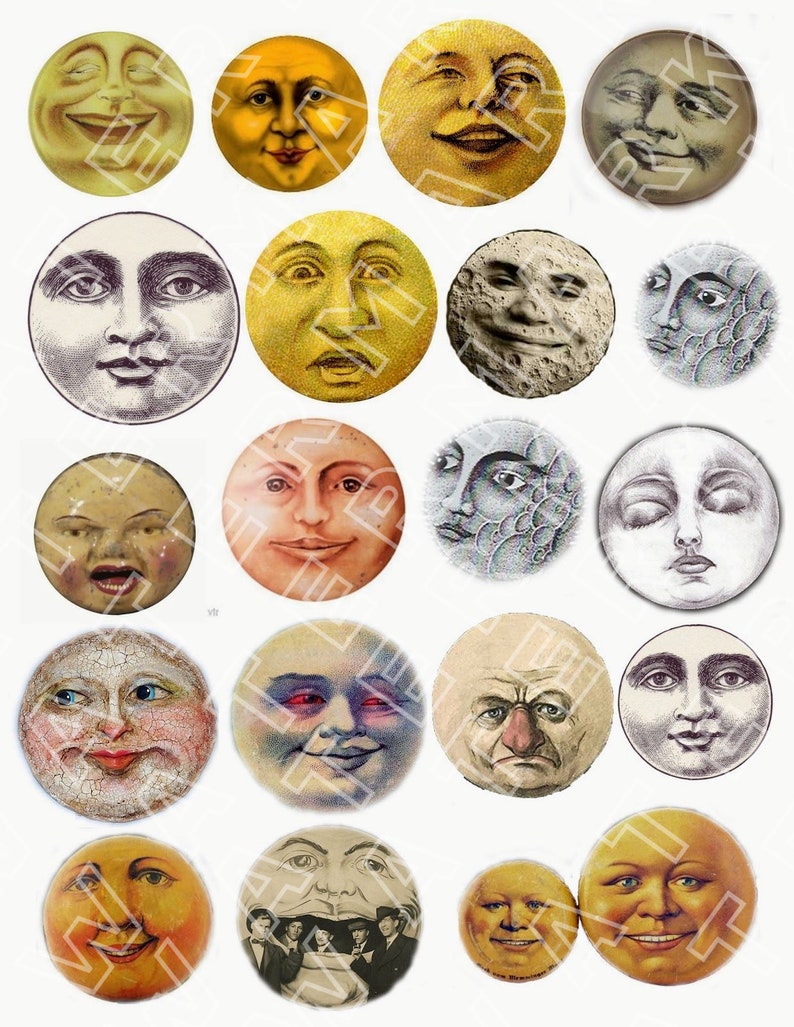 Op de afbeelding: Een verzameling van 18 vintage illustraties van de maan met verschillende gezichtsuitdrukkingen. De illustraties zijn rond en hebben een witte achtergrond.