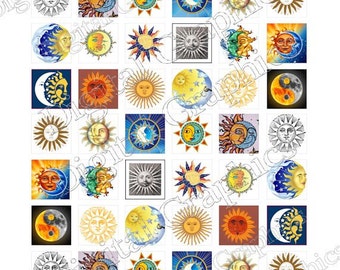 Zon en maan digitaal collageblad direct downloaden 1 inch vierkant