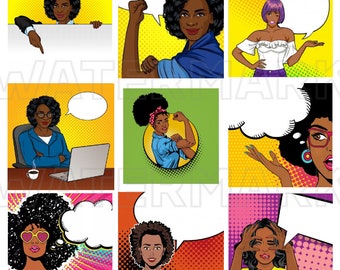 AFRICAN AMERICAN WOMAN Pop Art Comic Vintage Women Retro Comics Cartoon Conversation Clouds 2.5 inch square digital graphics download