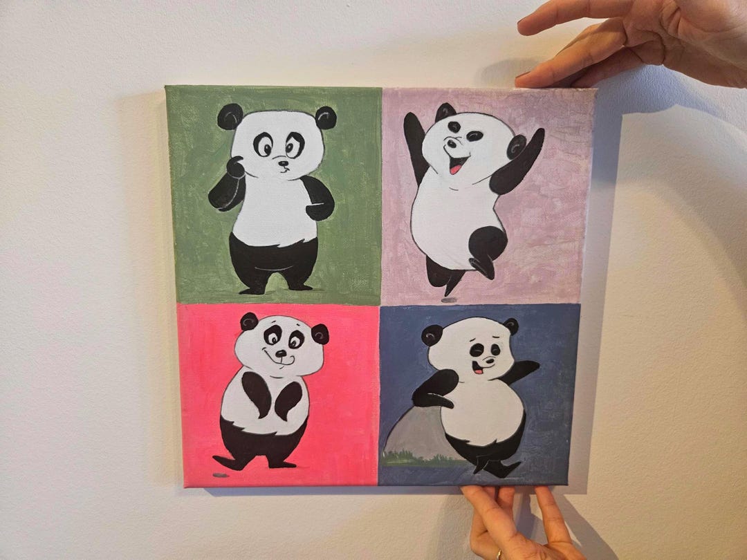 Panadas Hand An Original, Hand-painted Canvas Picture Depicting Four Happy Pandas ...