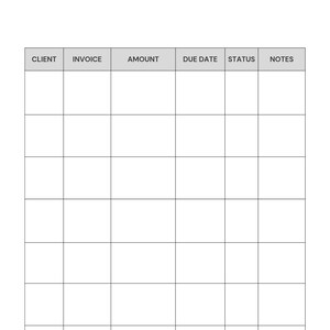 May include: A white printable PDF invoice tracker for freelancers. The document includes fields for client, invoice number, amount, due date, status, and notes. The title is "Freelancer Invoice Tracker" with the text "Track invoices, payments & due dates."
