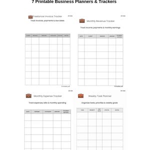 May include: A white printable PDF bundle titled "Freelancer Business Toolkit" with 7 planners and trackers. Includes invoice, revenue, expense, and task planners. Each planner has a grid layout for tracking data. A4 size.