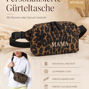 Könnte beinhalten: Eine Gürteltasche mit Leopardenmuster, schwarzem verstellbarem Gurt und schwarzer Kunststoffschnalle. Auf der Vorderseite ist der Text MAMA in heller Farbe gestickt. Die Tasche verfügt über ein Hauptfach mit Reißverschluss und eine Fronttasche.