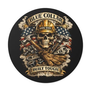 Blue Collar Skull with Tools Round Vinyl Sticker | American Flag, Built Tough
