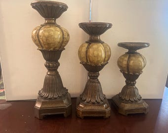 Juego vintage de tres portavelas de imitación mármol