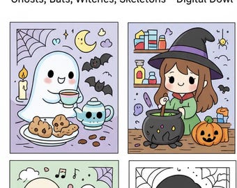 May include: A4 printable coloring book cover with the text "20 Spooky Cute Coloring Pages". The cover features four kawaii Halloween-themed illustrations of ghosts, witches, skeletons, and bats.