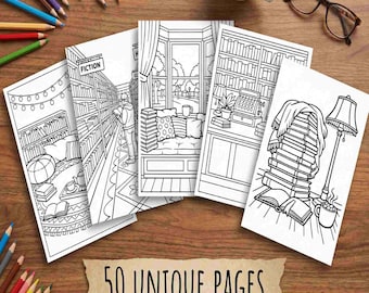 Cozy Bookstore Coloring Book for Adults, 50 Relaxing Reading Pages